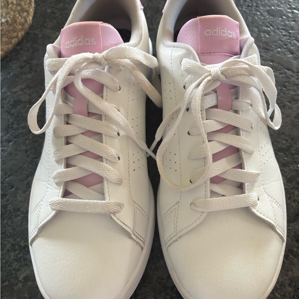 adidas White Sneakers with Pink Tongue and Heel Accents